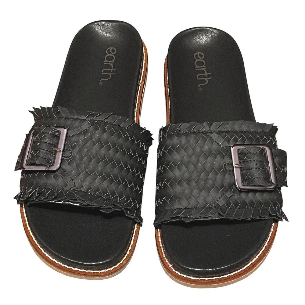 Earth Fontane 2 Black Woven Leather Slide Sandals Womens 8.5 M Buckle Accent NEW